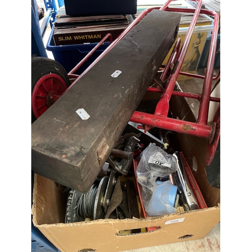 339 - A box of assorted tools including a No. Saftap, Mercer gauge rod, folding trolley, etc.