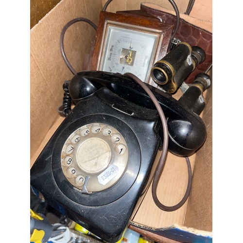 46 - A vintage telephone, barometer and a pair of binoculars with case.