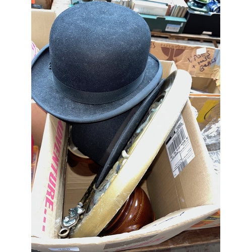 468 - A box containing 2 bowler hats, stone ware pot, plaster picture etc