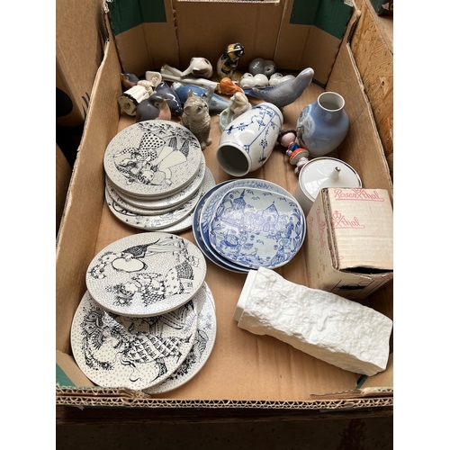 470 - A box of pottery including Royal Copenhagen, Royal Worcester, and 12 signed Bjorn Wimblad wall plaqu... 