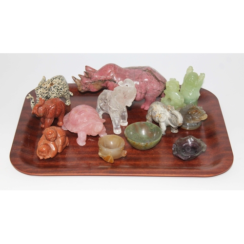 30 - Assorted mainly Chinese hard stone carvings including a rock crystal quartz elephant etc.