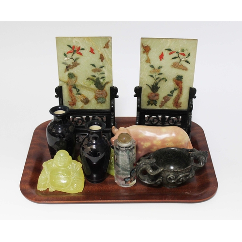 31 - A tray of assorted oriental items including a pair of Japanese vases, a pair of Chinese stone panels... 