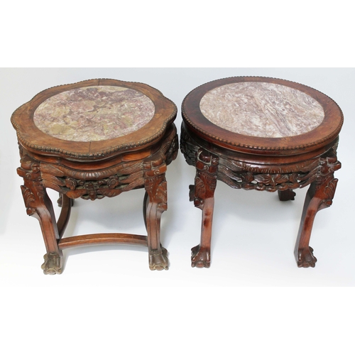 37 - A matched pair of Chinese carved hardwood and marble top plant stands, circa 1900, height 46cm.