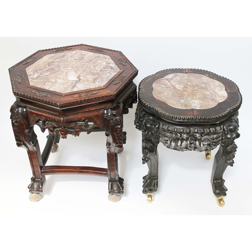 38 - Two Chinese carved hardwood and marble top plant stands, height 45cm & 52cm.