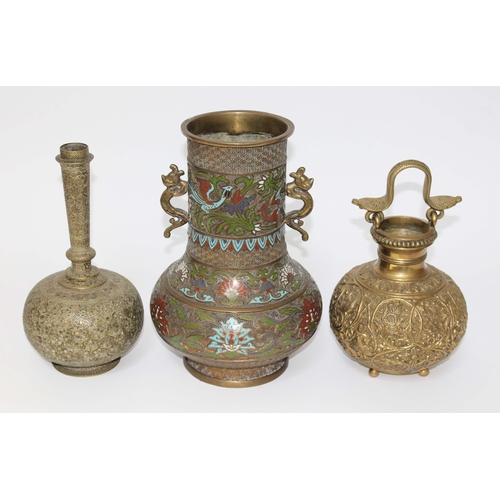 7 - Three pieces of Oriental metalware comprising a Persian brass bottle vase, height 27cm, an Indian ve... 