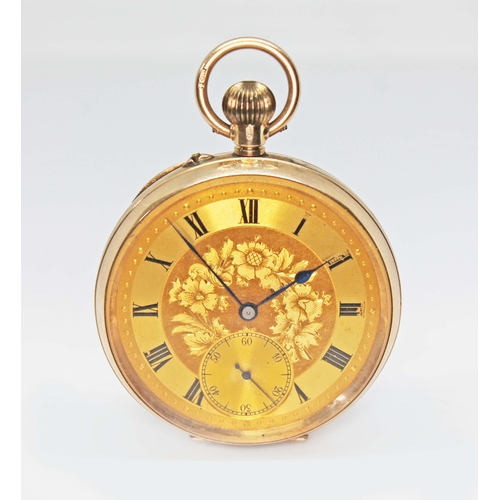 95 - A Edwardian 9ct gold pocket watch, engraved gilt dial with blued hands, Roman numerals and seconds s... 