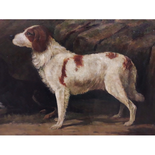 67 - Follower of George Armfield, dogs with game, oil on canvas, 86cm x 60cm, indistinctly signed '...ELD... 