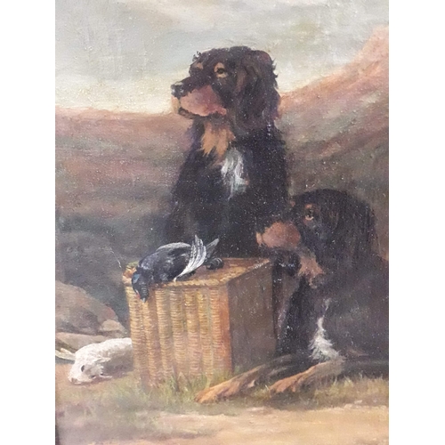 67 - Follower of George Armfield, dogs with game, oil on canvas, 86cm x 60cm, indistinctly signed '...ELD... 