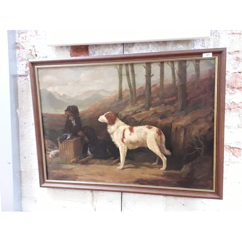 67 - Follower of George Armfield, dogs with game, oil on canvas, 86cm x 60cm, indistinctly signed '...ELD... 