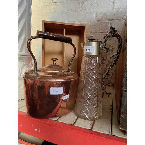 170 - A copper kettle and a silver plated cut glass claret jug.