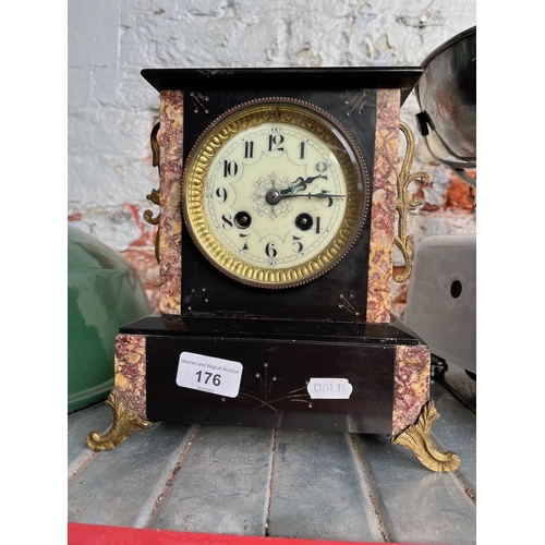 176 - A slate and marble mantel clock - pendulum but no key