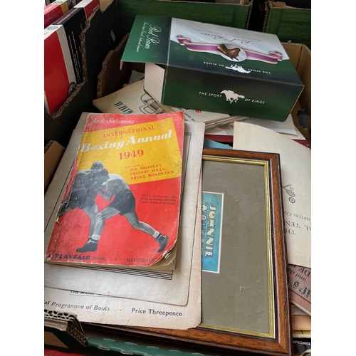 198 - A box of sporting memorabilia, circa 1950s to 1980s, including programmes, signatures, athletics, bo... 