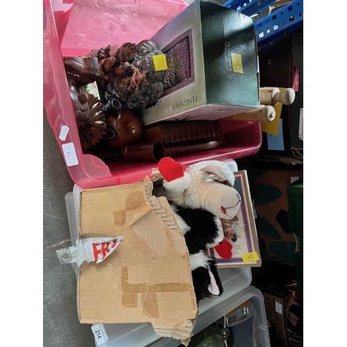 214 - Two boxes of various items including treen, a Feng Shui water feature, toys, Oriental tea set, vario... 