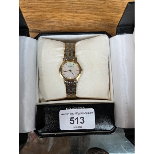 513 - A ladies gold plated Rotary wrist watch wth Mother of Pearl Dial, working order