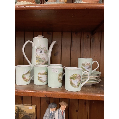 524 - A vintage coffee set with hand painted images of Lake District. 6 cups, 6 saucers and coffee pot