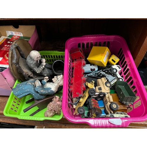 61 - 2 boxes, one containing play worn cars including Dinky Leyland Octopus, and the other figurines