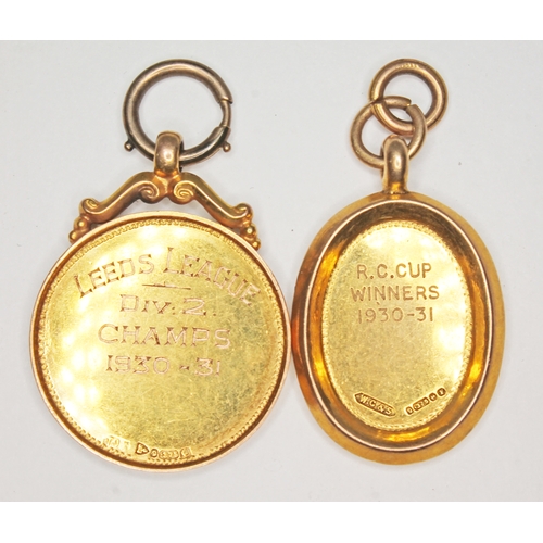 102 - Two hallmarked 9ct gold sporting medals; one inscribed 'Leeds League Div. 2 champs 1930-31 and the o... 