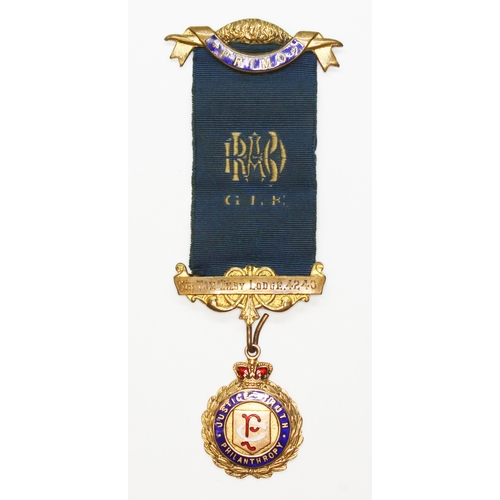 104 - A hallmarked 9ct gold RAOB medallion, blue ribbon with gilt metal bars, approx. gold wt. 5.5g.