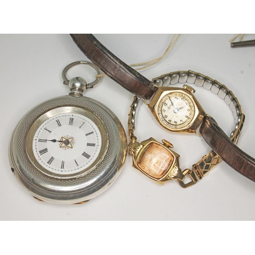 89 - Three watches comprising a ladies watch marked '14K', a hallmarked 9ct gold wristwatch and a pocket ... 