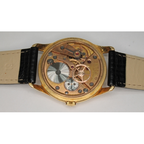 93 - An 18ct gold Omega chronomtre wristwatch, circa 1950s, diameter 35mm, signed gold tone dial sword ha... 