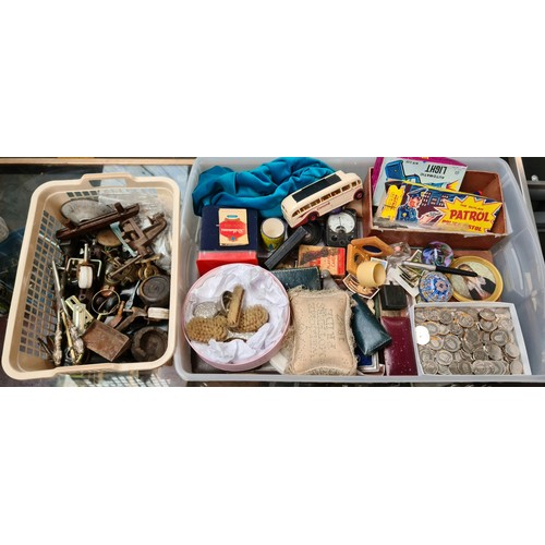 145 - a box and a basket of various collectables to include football coins, toy guns, diecast bus, vintage... 