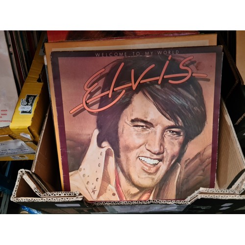 210 - Four boxes of 350+ LP records including Slade, Toto, Ink Spots, Elvis, Rod Stewart, Cliff Richard, e... 