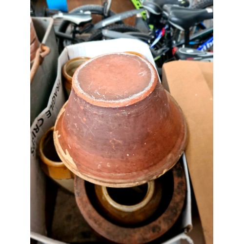 323 - 2 galvanised crates of terracotta pots and 1 box of stoneware and earthenware pots.