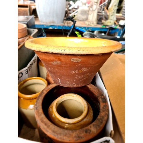 323 - 2 galvanised crates of terracotta pots and 1 box of stoneware and earthenware pots.