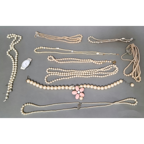 3 - A mixed lot comprising simulated pearls, a P Ferrandis for Jaeger costume necklace, a Skagen wristwa... 