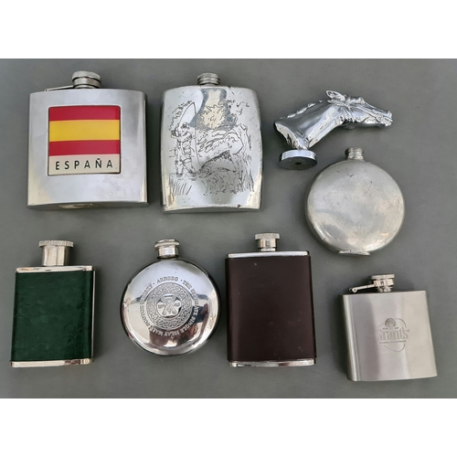 23 - A selection of vintage flasks together with a chromed Louis Lejeune equine racehorse hood ornament m... 