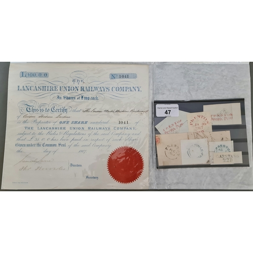 47 - Acoolection of north west counter date stamps and a share certificate from Lancashire Union Railways... 