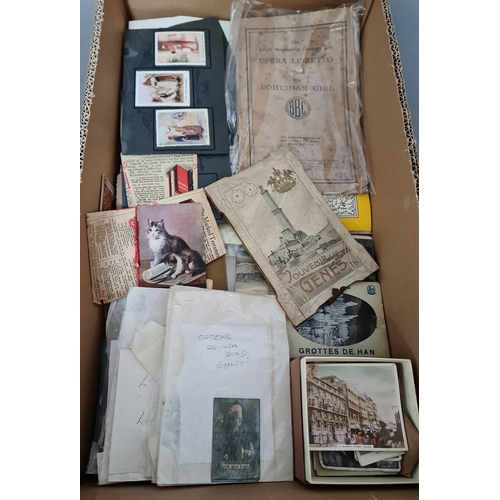 56 - A box of mixed ephemera to include vintage cigarette cards, photographs, share certificate & Opera L... 