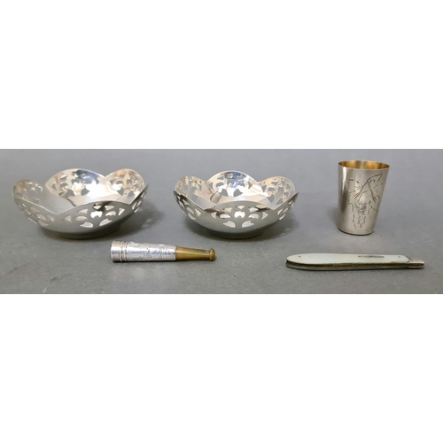 85 - A pair of silver dishes with pierced rim, marked Silver, a Russian silver kiddush cup with gilt inte... 