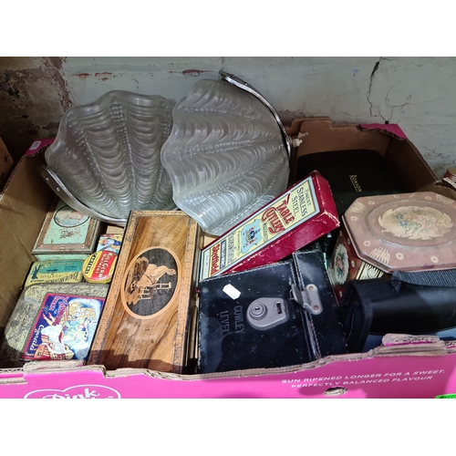 114 - A box of collectables to include pair of Art Deco wall lights, vintage tins, inlaid box, etc.