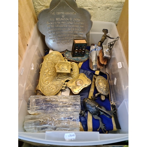 144 - A box of mixed metalware and collectables including brassware, Masonic apron, Whitefriars glass vase... 