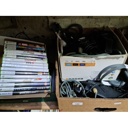 155 - A box containing two X Box 360 consoles with accessories and games.