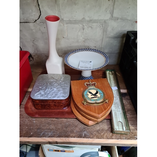 160 - A mixed lot including a Cor Unum vase, three maritime plaques, a white metal topped box and a slide ... 