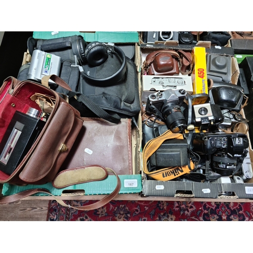 167 - Two boxes of cameras, video cameras and camera equipment including Nikon, Pentax etc.