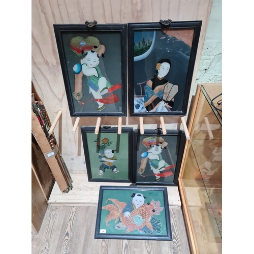 190 - Five Chinese reverse glass paintings in wooden frames, approx. 34cm x 50cm each.