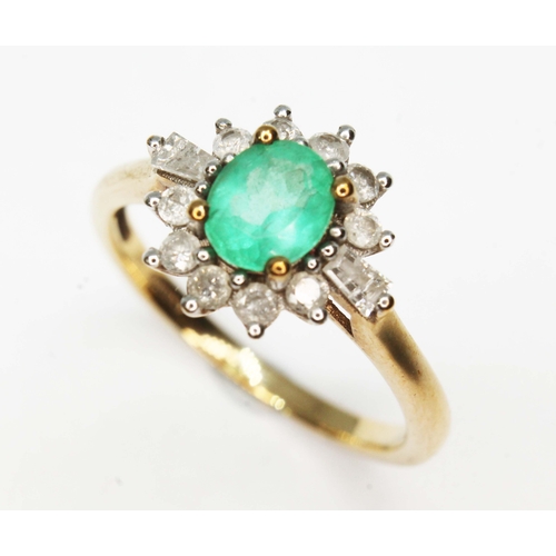 274 - A hallmarked 9ct gold diamond and emerald cluster ring, gross wt. 2.1g, size M.