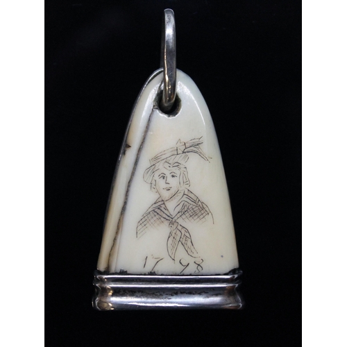 67 - An Irish 18th century silver mounted marine ivory scrimshaw, one side decorated with a galleon and i... 