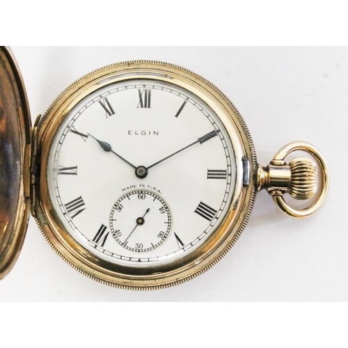 78 - A gold plated full hunter Elgin pocket watch, circa 1920s, signed white enamel dial, Roman numeralds... 