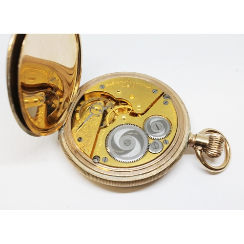 78 - A gold plated full hunter Elgin pocket watch, circa 1920s, signed white enamel dial, Roman numeralds... 