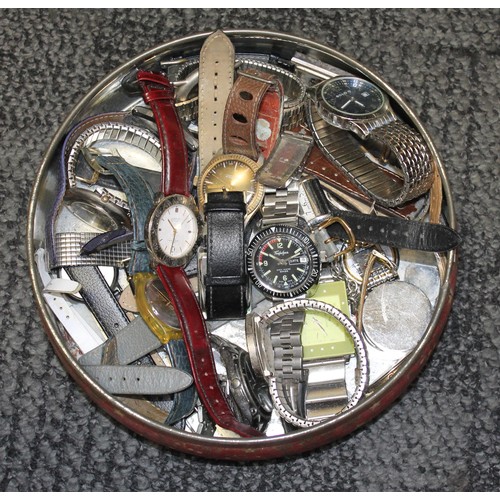 68 - A tin of assorted watches including a vintage Trafalgar diver's style wristwatch.