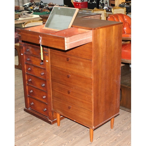 9 - An Avalon mid 20th century teak tallboy chest of drawers with fold out mirror to top drawer, height ... 