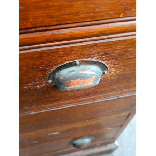 23 - A large early 20th century oak shop counter, originally from a millinery shop in Crosby, height 90.5... 