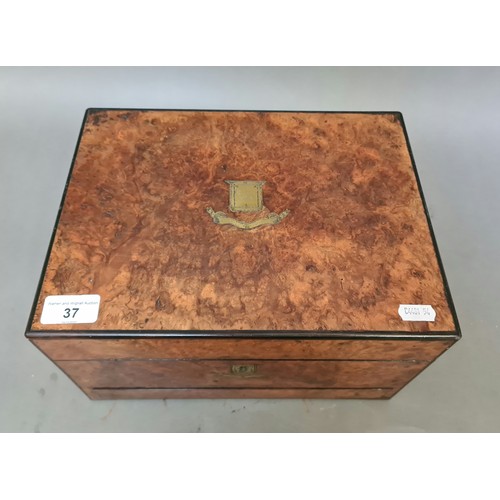 37 - A 19th century burr walnut work box with fitted interior, containing a number of cut glass and silve... 