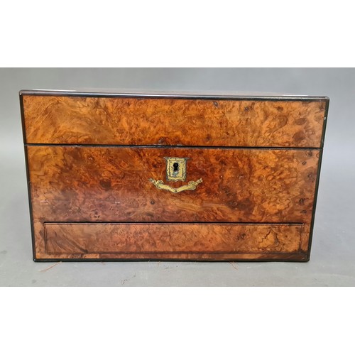 37 - A 19th century burr walnut work box with fitted interior, containing a number of cut glass and silve... 