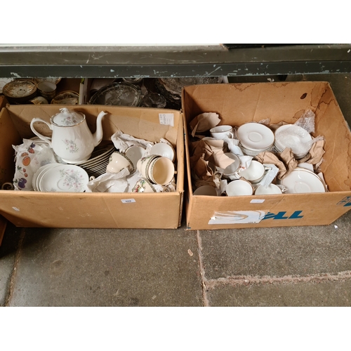 608 - Two boxes of mixed china, ceramics to include white crockery with gold rim, Colclough, Royal Burling... 