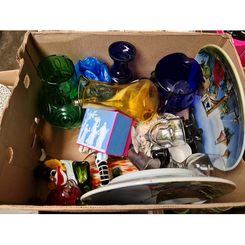 609 - Box of glassware and some ceramics including jasperware/silver plate coaster set